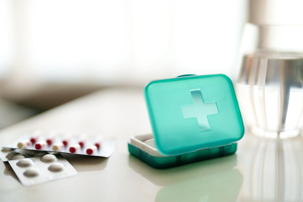 A medical box with tablets for pain management