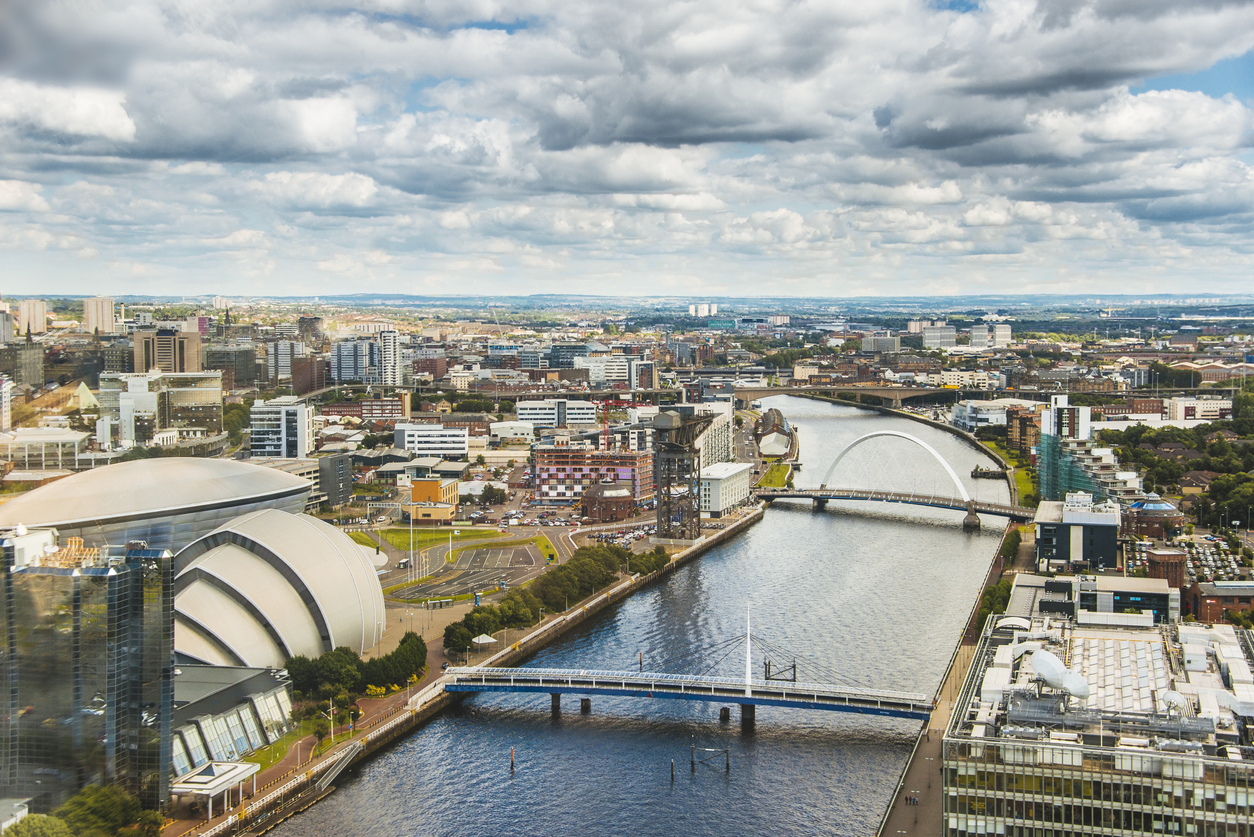 A view of Glasgow with the river running through the centre of the image showing each bank and the connecting bridges